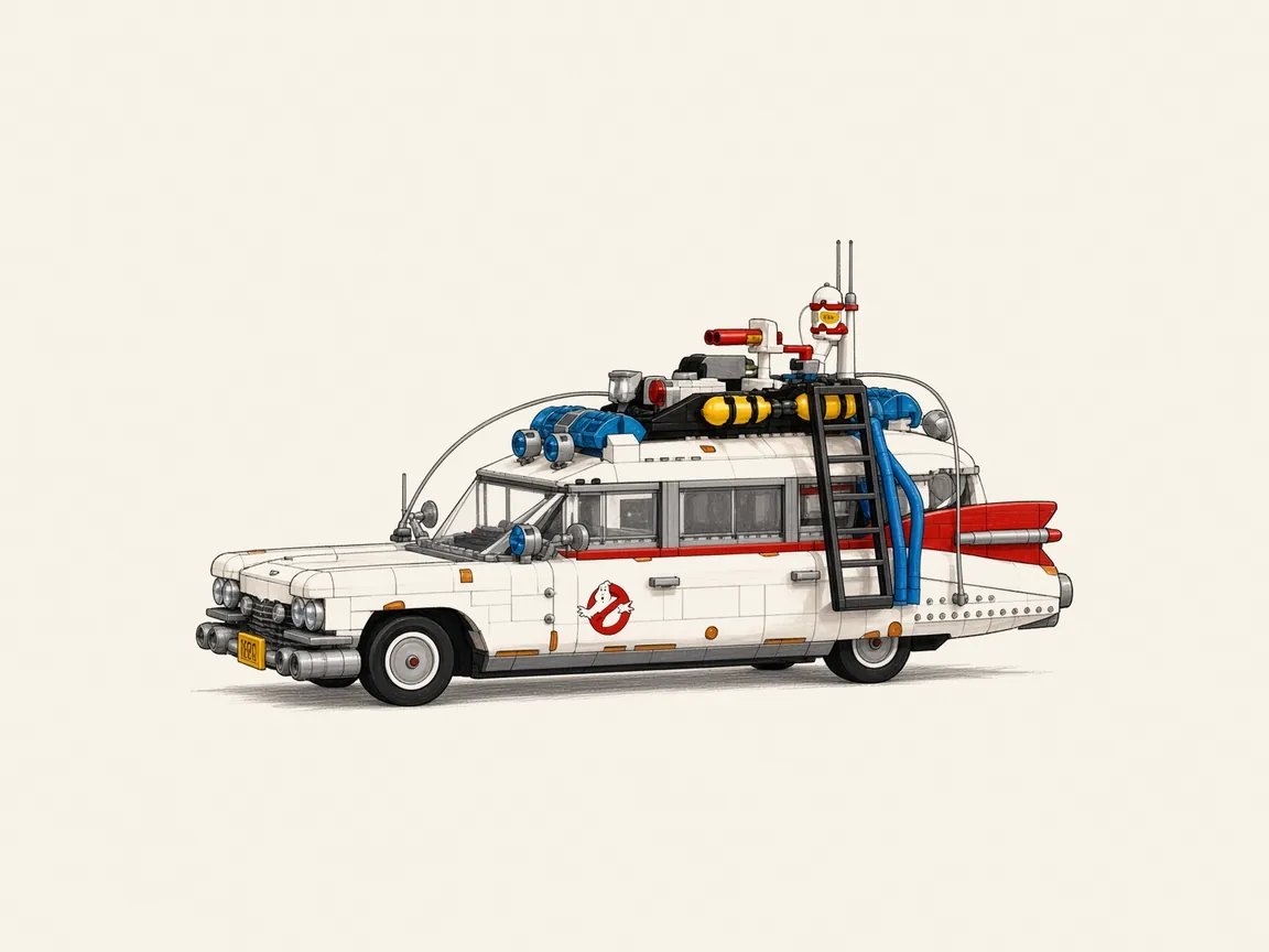 Gezeichnete Illustration von LEGO Icons 10274 Ghostbusters ECTO-1