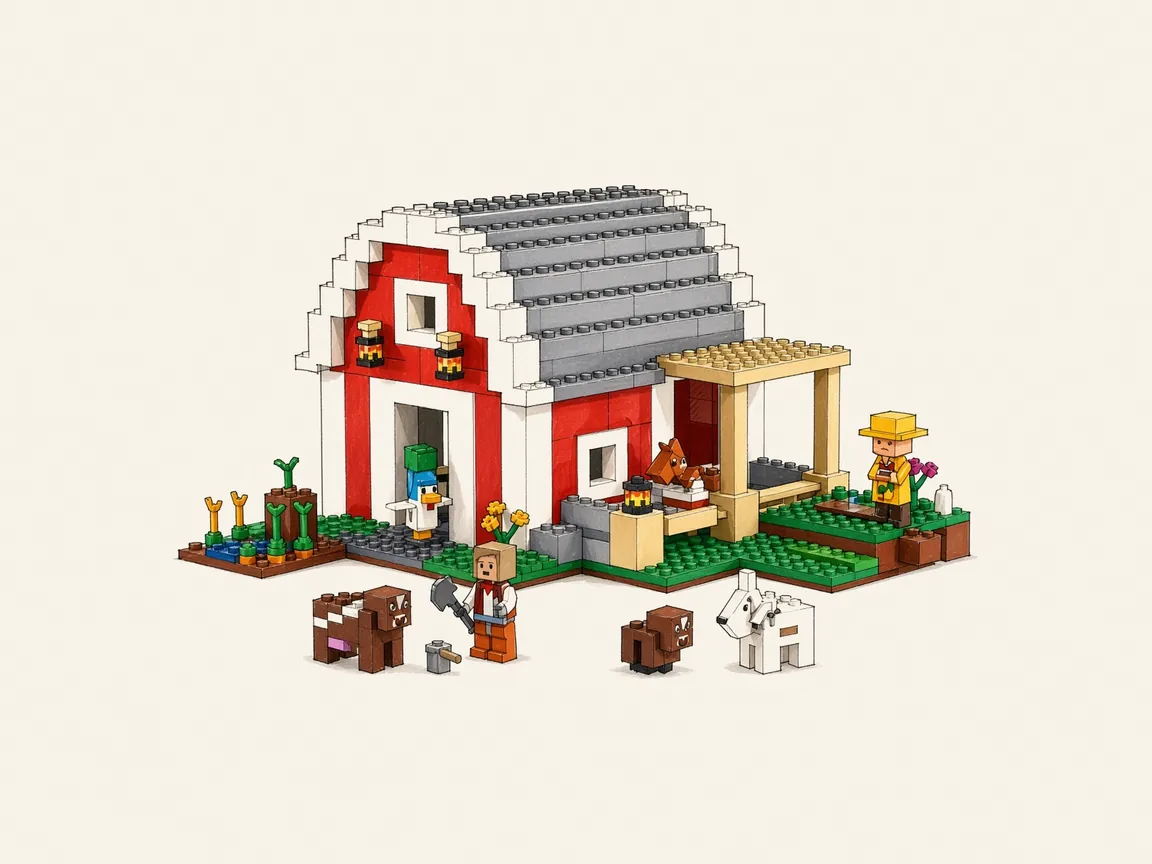 Gezeichnete Illustration von LEGO Minecraft 21187 Die rote Scheune